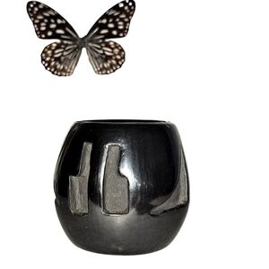 Native American Black Clay Pottery with Abstract Design Signed